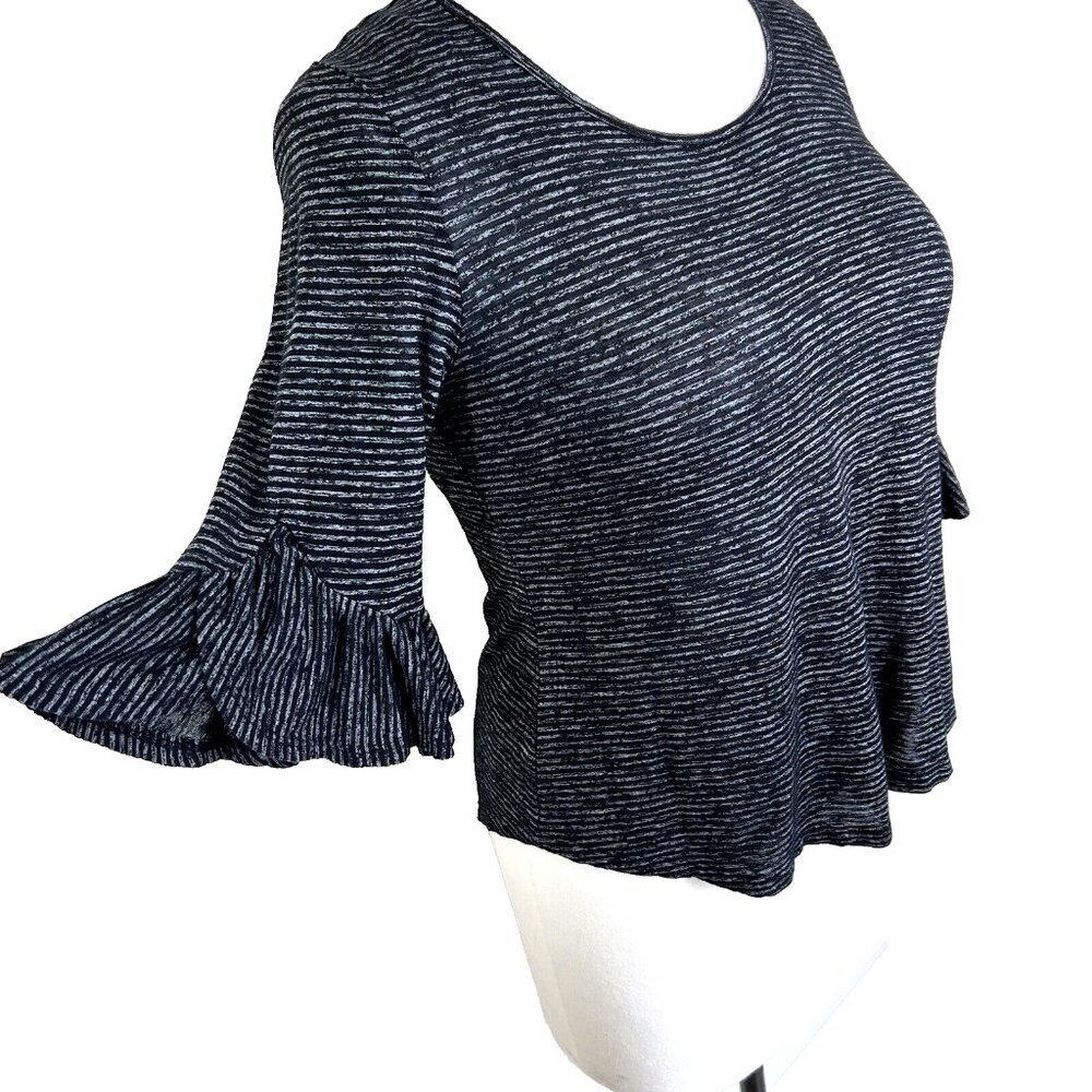 Style & Co - Women's L Blouse Grey Navy Stripe 3/4 Sleeve Scoop Neck Oversized